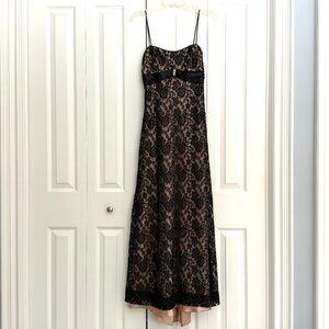 Vtg Jump Apparel Prom Maxi Dress Gown Black Lace Gold Lining Tie Back Size 3/4